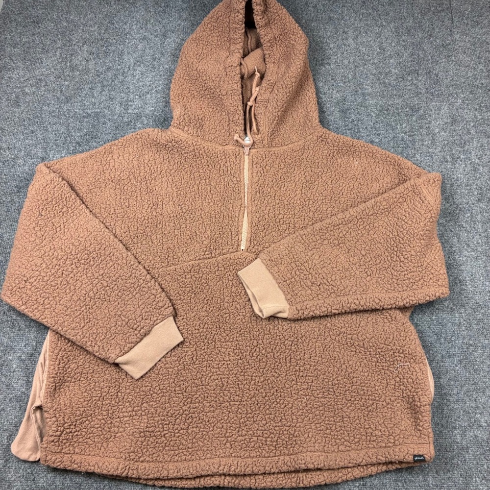 Victorias Secret PINK Sherpa Hoodie Womens XL Brown Quarter Zip Fleece Pullover